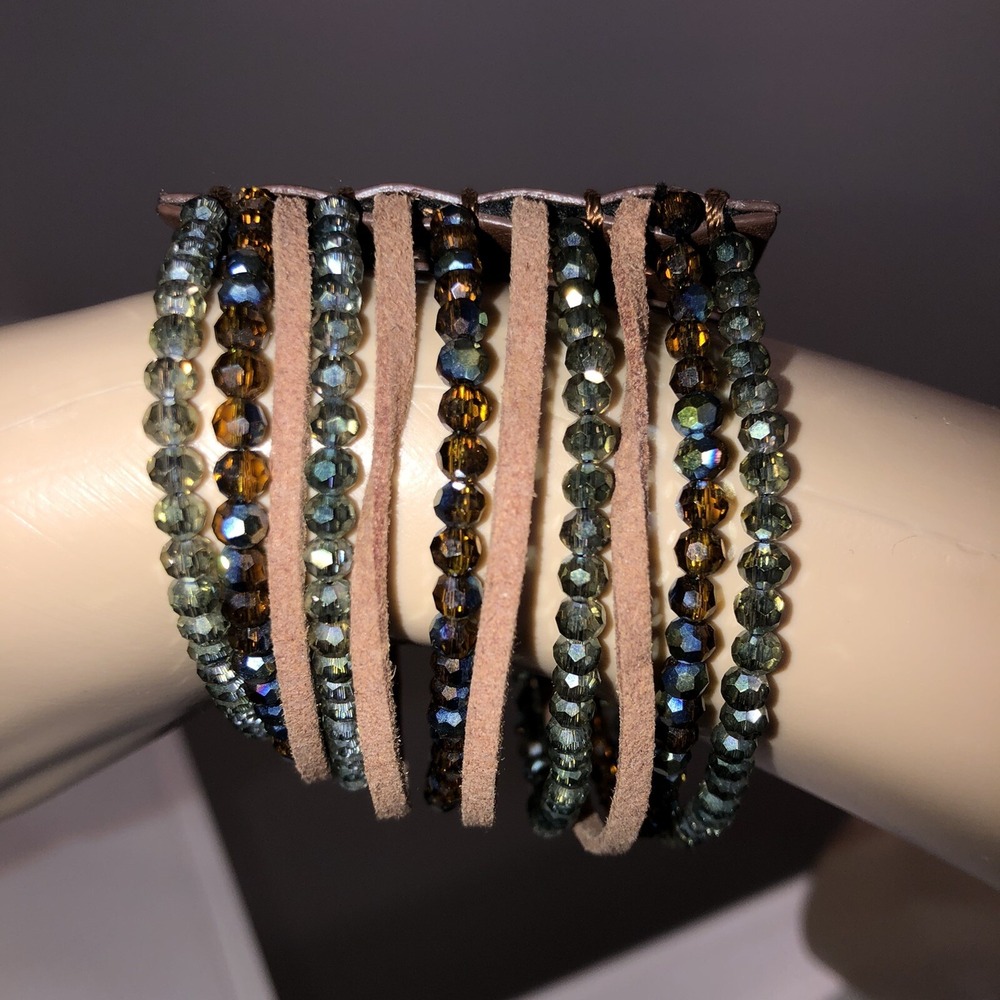 Leather & Crystal Cuff Wide Bracelet Brown Leather Green AB Crystal Multi Strand - Picture 9 of 12